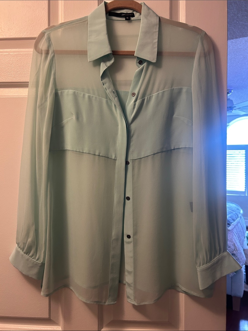 Express Mint Green Sheer Button-Up Blouse
